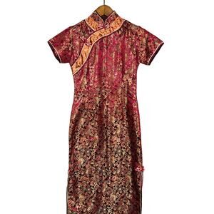 Silk Blend Asian Style Sheath Dress Red Gold - S